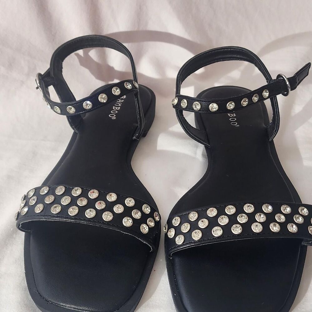 Bamboo Elvia-02 Women's Size 7 M Black Rhinestone Ankle Strap Flat Sandals Shoes